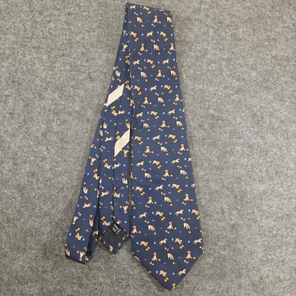 Salvatore Ferragamo Mens Silk Tie Navy Puppy Dog Floral Animal Print Italy